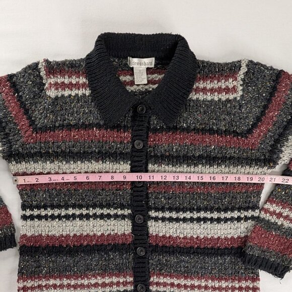 VTG Maroon Black Gray Stripe Chunky Knit Cotton Wool Button Up Collared Sweater - Picture 5 of 6